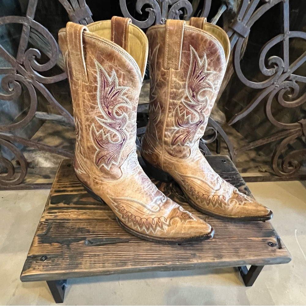 RARE Vintage Corral  Eagle Cognac Tan Burgundy/olive detail Cowboy Boots 8.5M - Picture 10 of 15